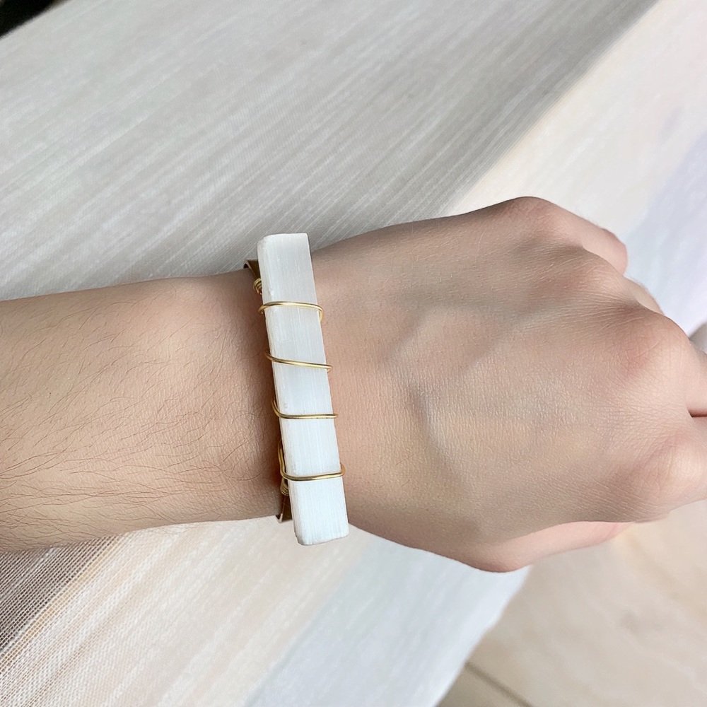 Selenite & Brass Wire Geometric Cuff Bracelet - Picture 2 of 8